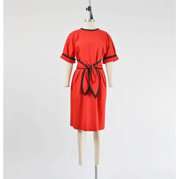 Vintage 80s Red and Black Linen Tie Front High Waisted Sheath Dress M - Picture 2 of 9